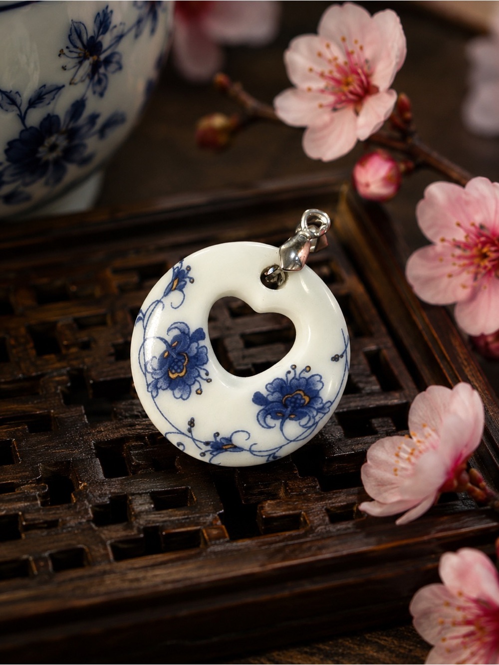 💙 Vintage Blue & White Floral Heart Pendant Necklace • Porcelain Style Ceramic